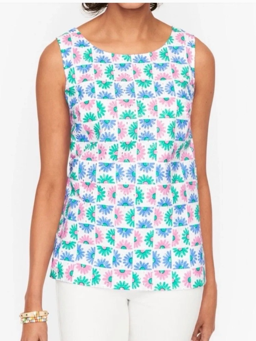 NWT Talbots Daisy Eyelet Shell Tank Top Quilted Pink Blue Sleeveless XL Petite